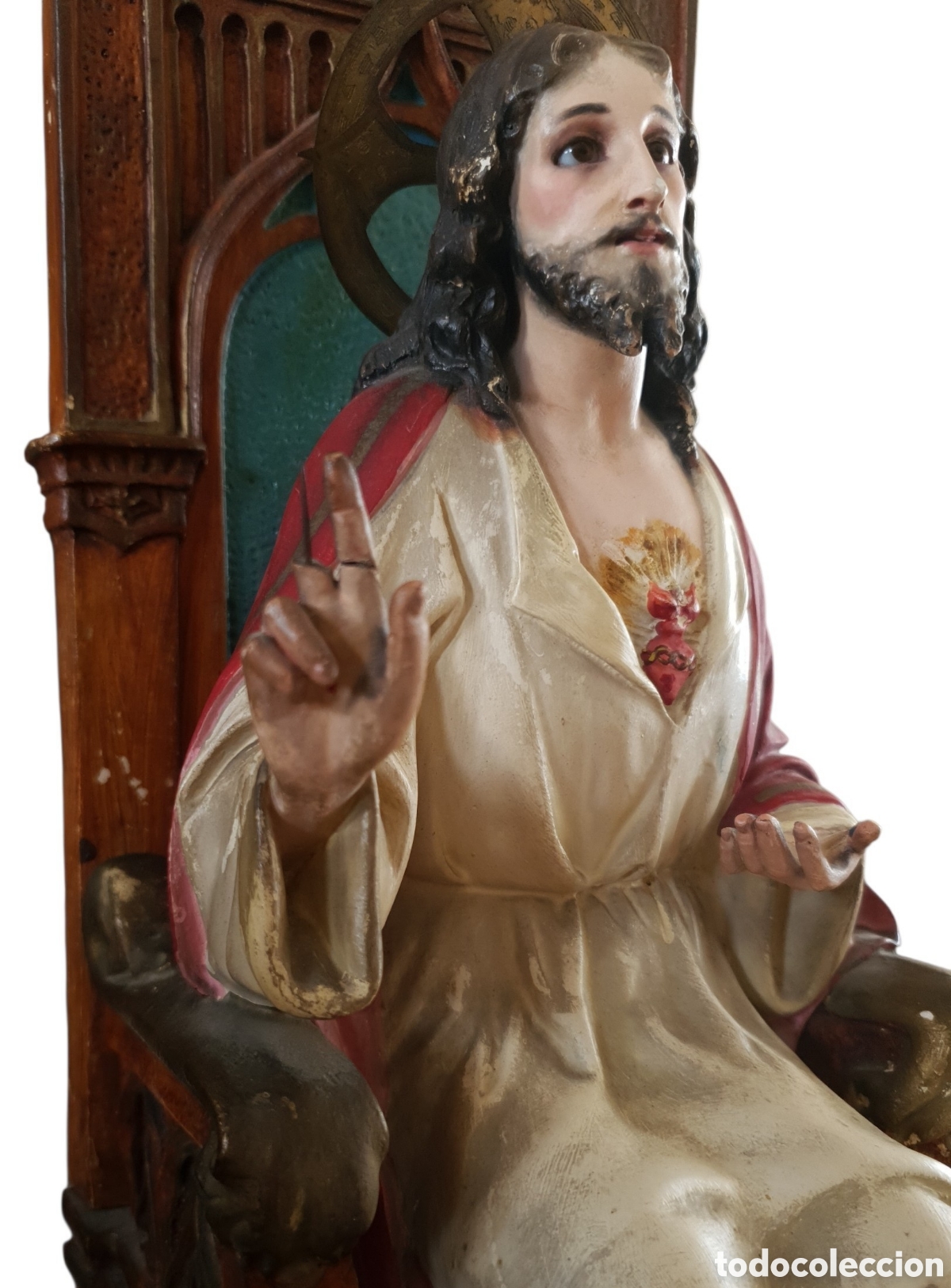 Arte: Sagrado Coraz&oacute;n de Jes&uacute;s Rey Entronizado (XIX) - Pasta de madera.Ojos Cristal.Sello Olot. - Foto 3