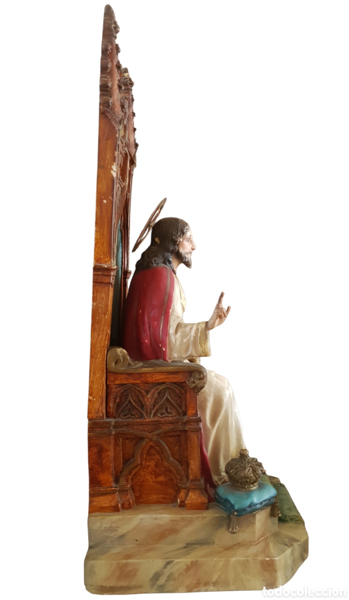 Arte: Sagrado Coraz&oacute;n de Jes&uacute;s Rey Entronizado (XIX) - Pasta de madera.Ojos Cristal.Sello Olot. - Foto 8