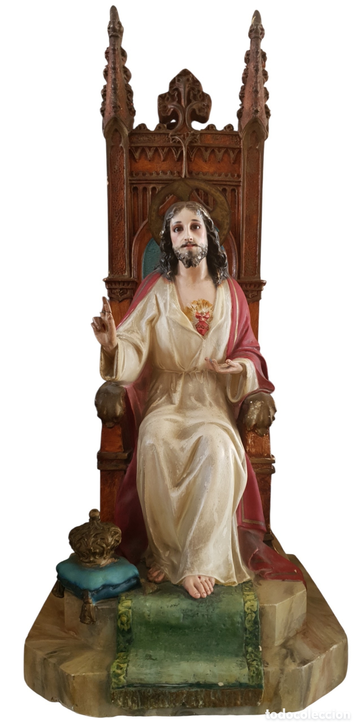 Arte: Sagrado Coraz&oacute;n de Jes&uacute;s Rey Entronizado (XIX) - Pasta de madera.Ojos Cristal.Sello Olot.