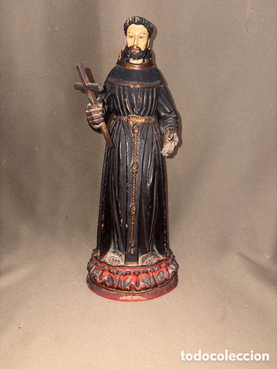 Arte: Antiguo SAN FRANCISCO DE ASSIS,HISPANO-FILIPINO,33cm de altura,Madera y cabeza de marfil,siglo XVII