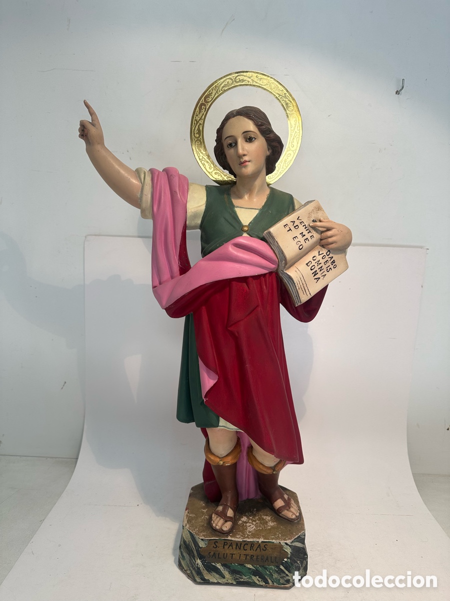 Arte: SAN PANCRACIO DE ESTUCO Y OJOS DE CRISTAL ANTIGUO. SELLO LAS TERESITAS VICH. 62CM.