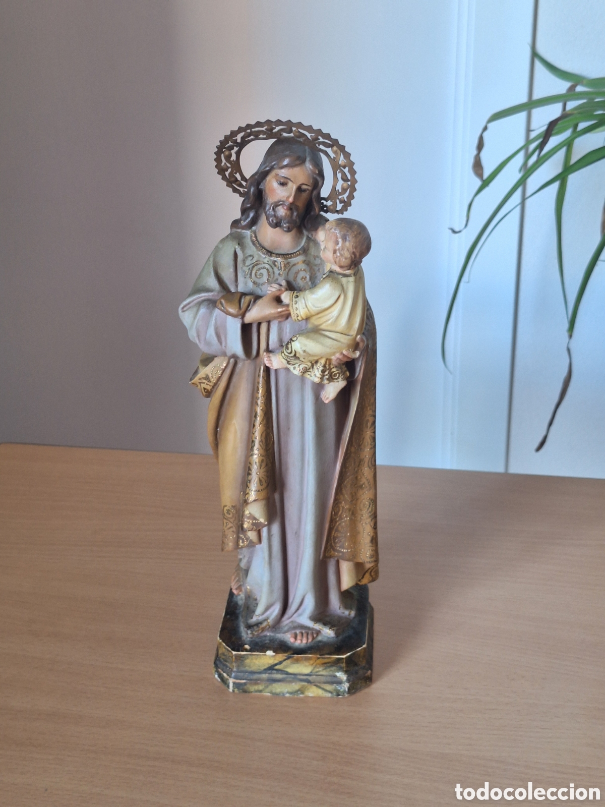 Arte: FIGURA SAN JOS&Eacute; CON EL NI&Ntilde;O JES&Uacute;S EN BRAZOS . OLOT . SIN SELLO . OJOS CRISTAL
