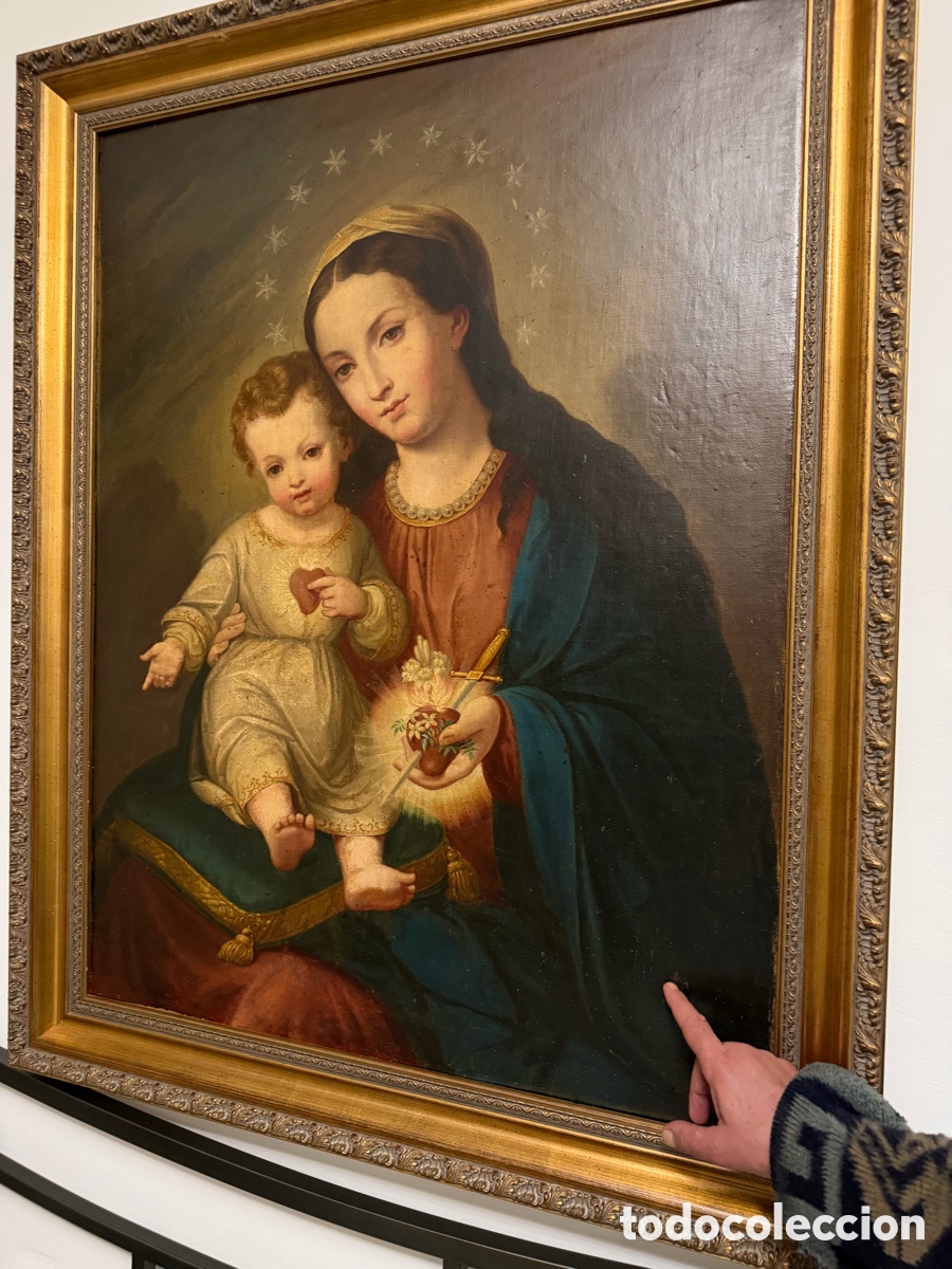 Arte: &Oacute;leo pintura XVIII/XIX virgen ni&ntilde;o restaurado
