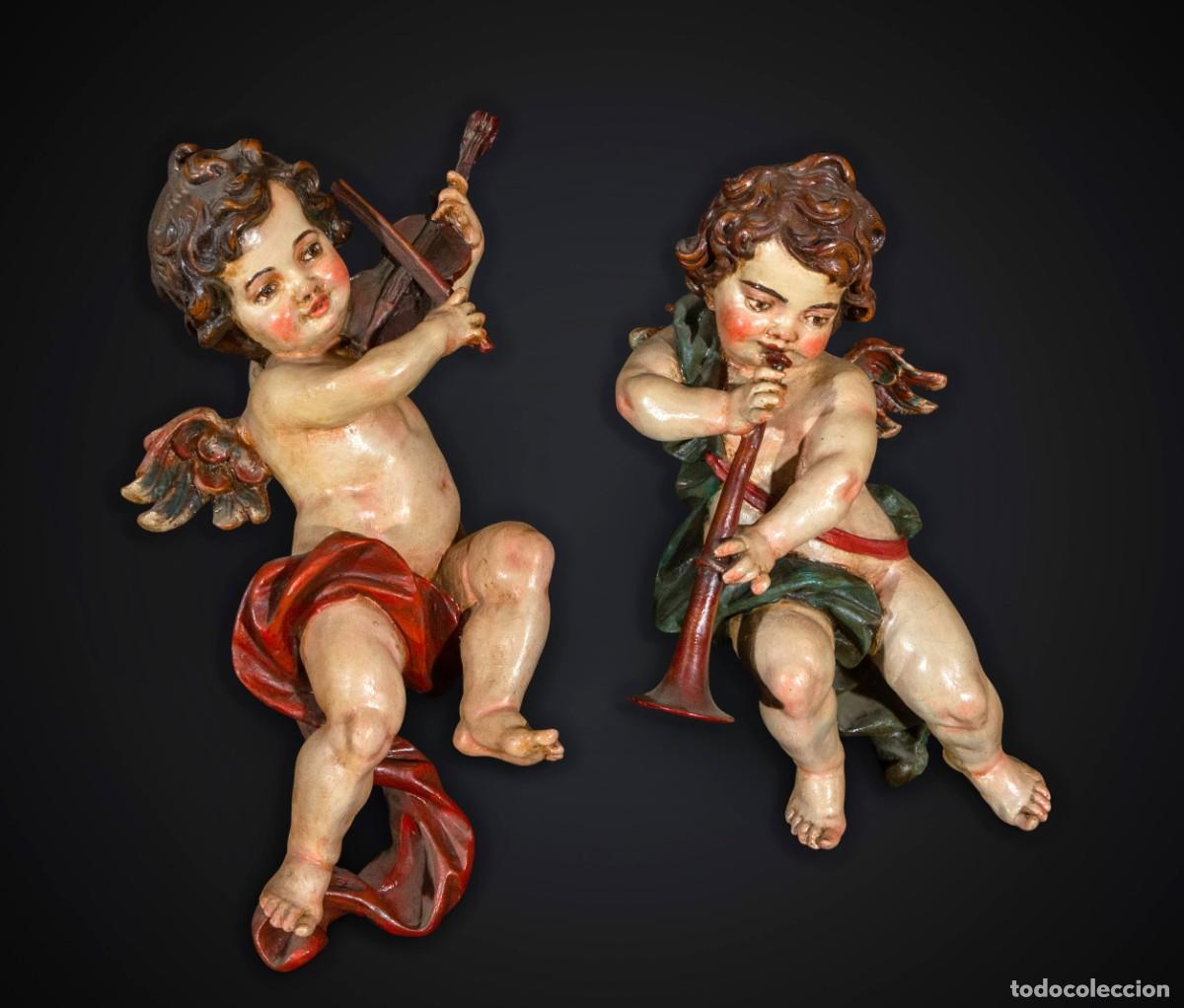 Arte: Pareja de &aacute;ngeles m&uacute;sicos barrocos, talla en madera policromada, Espa&ntilde;a, siglo XVIII