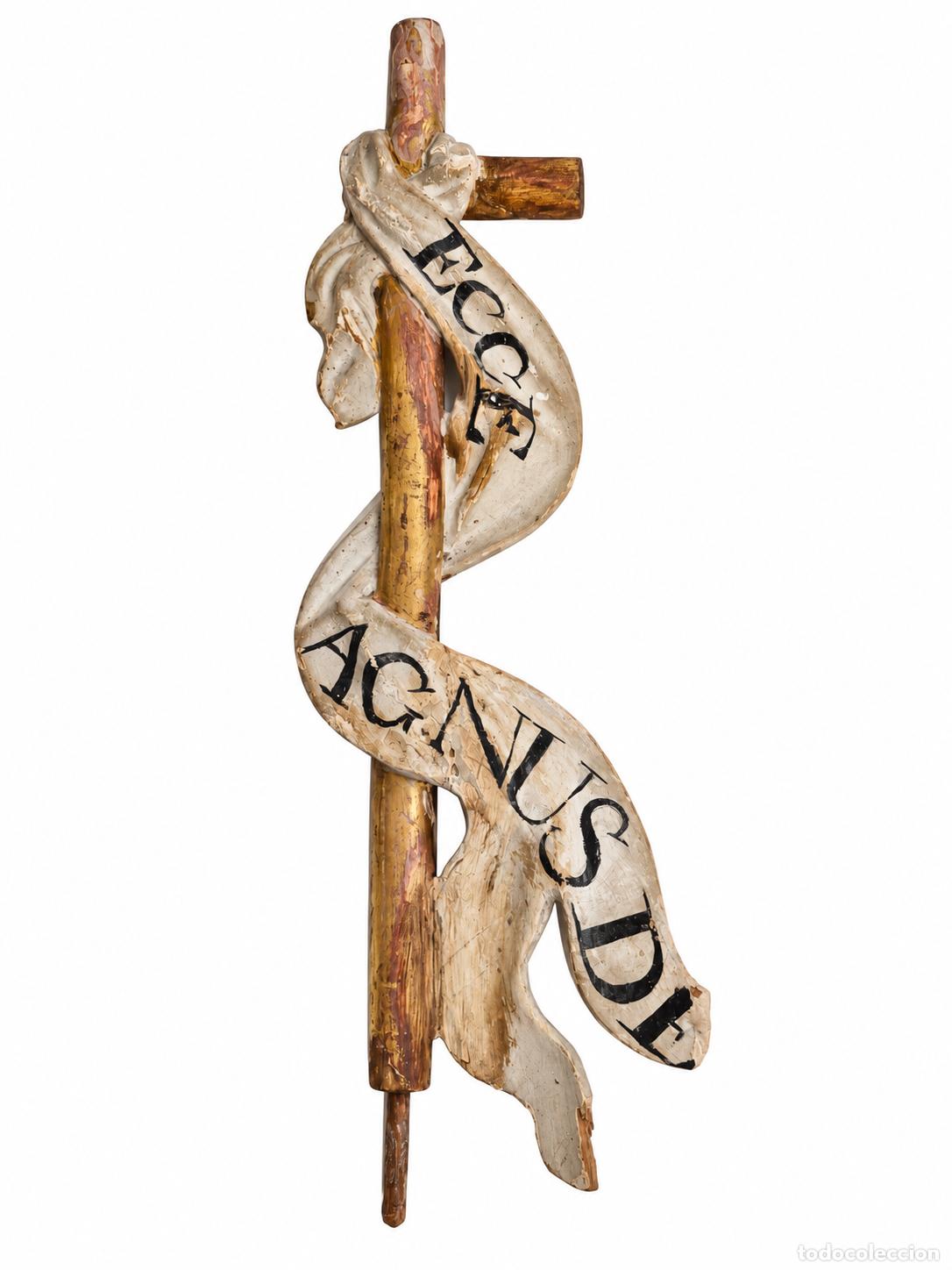 Arte: Antigua Cruz de San Juan Bautista - Talla de Madera dorada - S.XVIII - &rdquo;ECCE AGNUS DEI&rdquo;