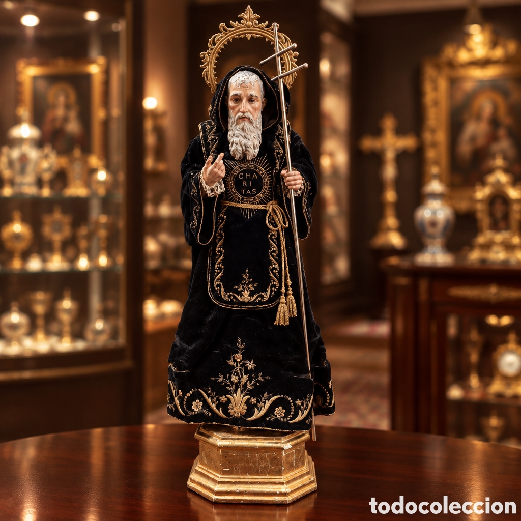 Kunst: Antiguo San Francisco de Paula tallado en madera.Escuela valenciana.S.XIX ojos de cristal CAP Y POTA