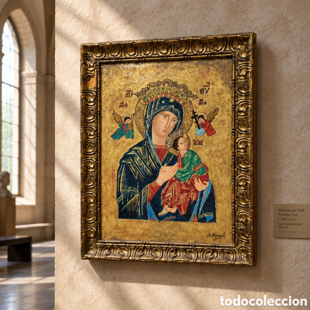 Arte: ANTIGUO OLEO SOBRE LIENZO. VIRGEN DEL PERPETUO SOCORRO . MEDIDAS CON MARCO 47 &times; 37 CM