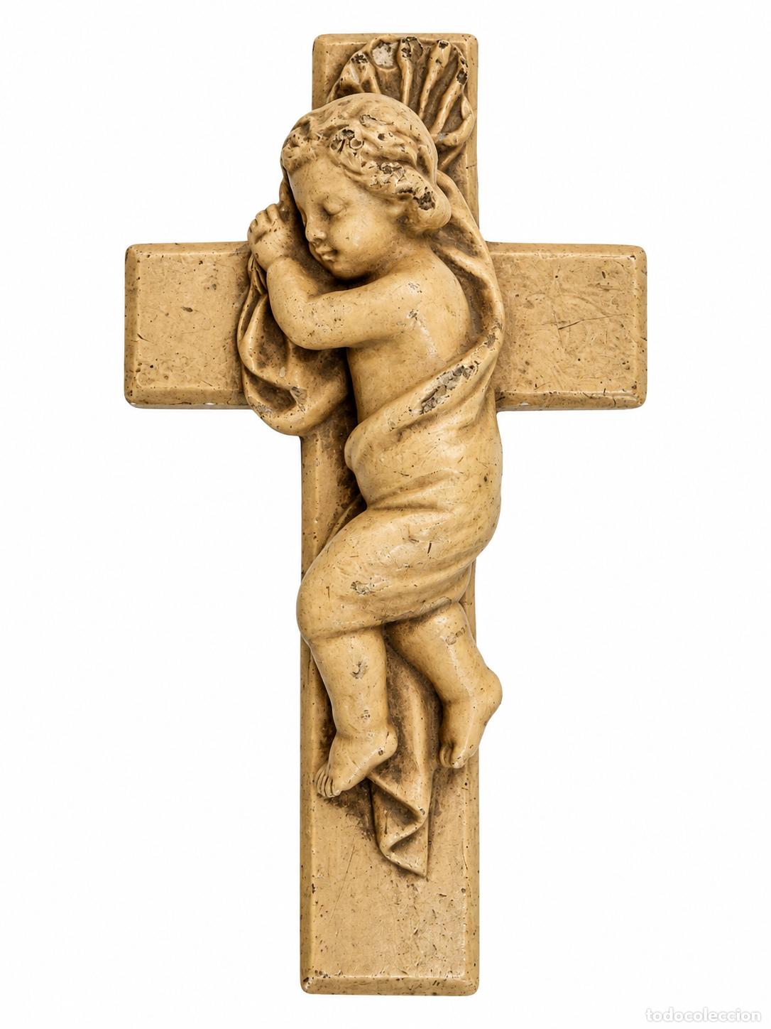 Arte: Ni&ntilde;o Jes&uacute;s Dormido sobre la Cruz - Yeso Policromado - Talleres de Olot