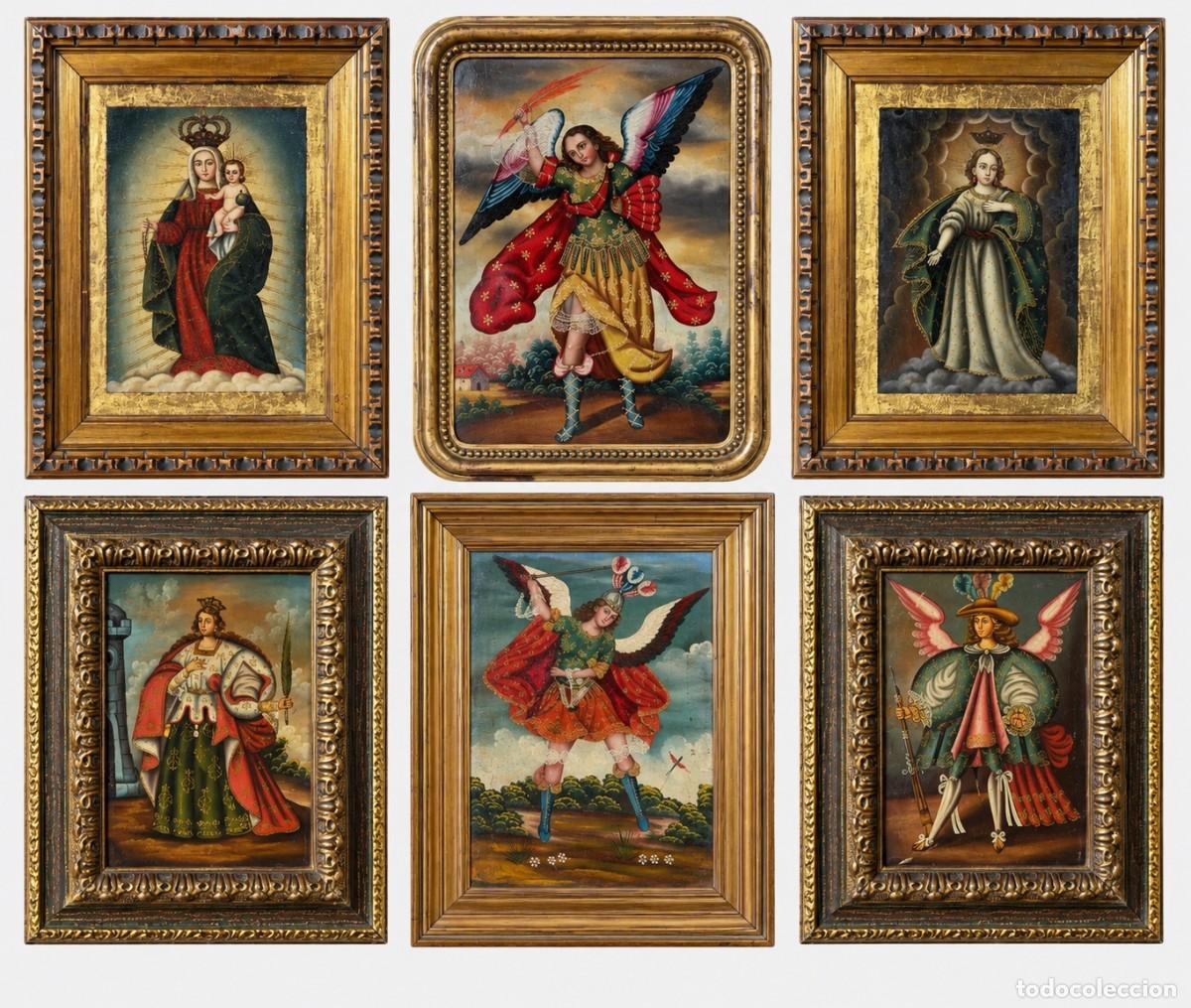 Arte: 6 &oacute;leos coloniales Escuela Cuzque&ntilde;a, arc&aacute;ngeles y v&iacute;rgenes, s. XVIII-XIX