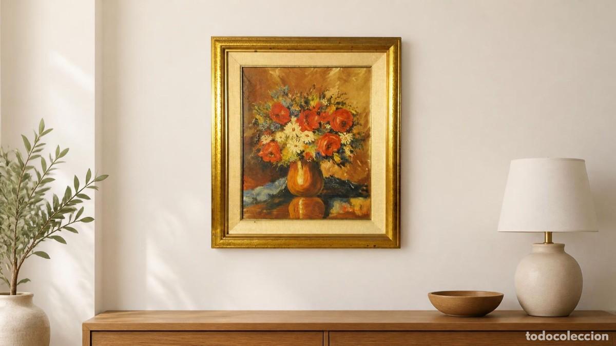 Art: Bello Jard&iacute;n de Flores: Cuadro en &Oacute;leo con Marco de Madera Firmado por F. Molimm (1958)
