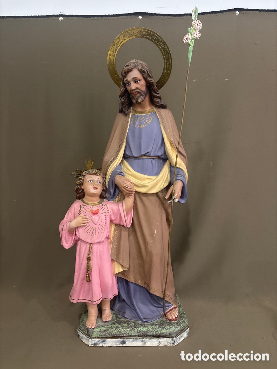 Arte: Antigua imagen de san Jos&eacute; con ni&ntilde;o jesus*GRAN TAMA&Ntilde;O*,65cm,sin contar aureola*ver fotos*