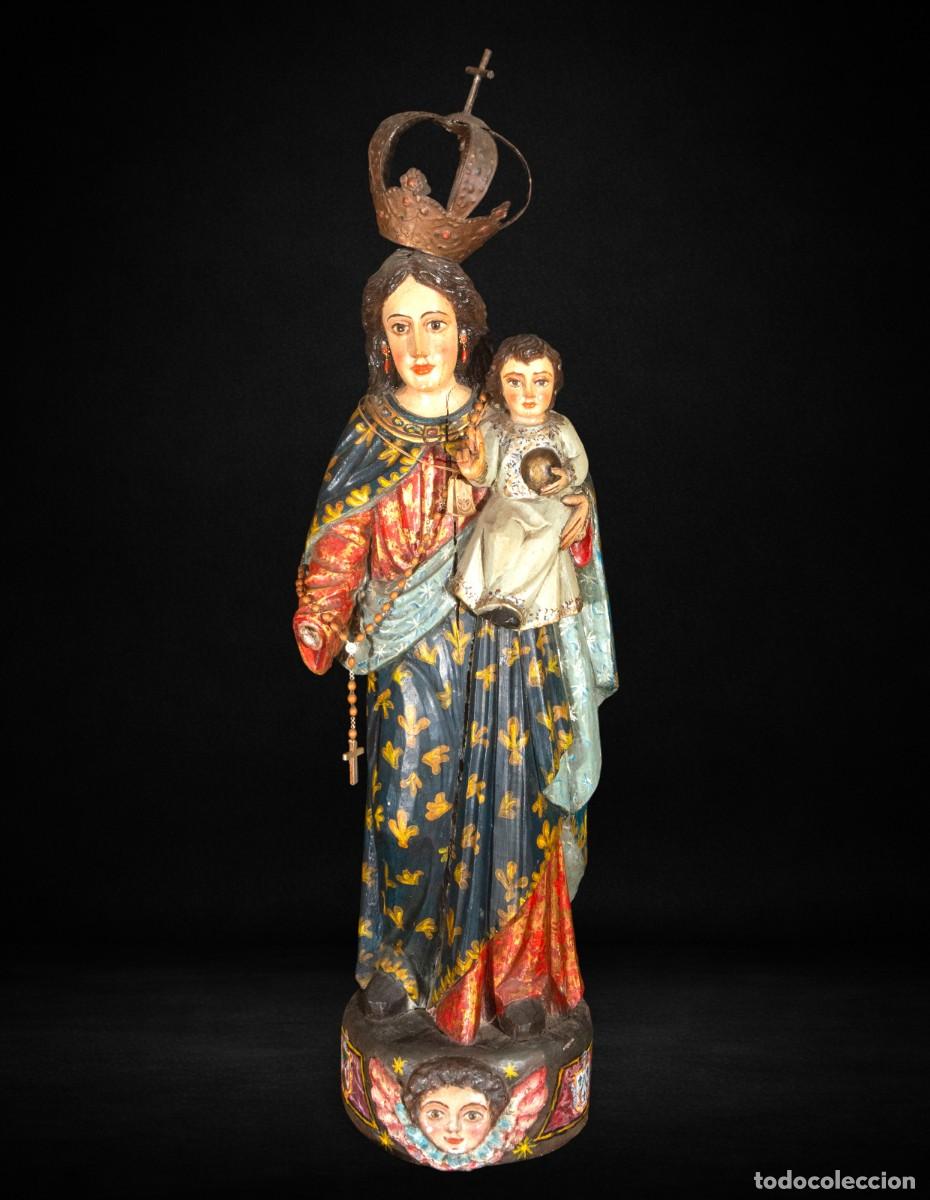 Arte: Virgen del Rosario con Ni&ntilde;o, gran talla colonial en madera policromada, siglo XVIII, 100 cm