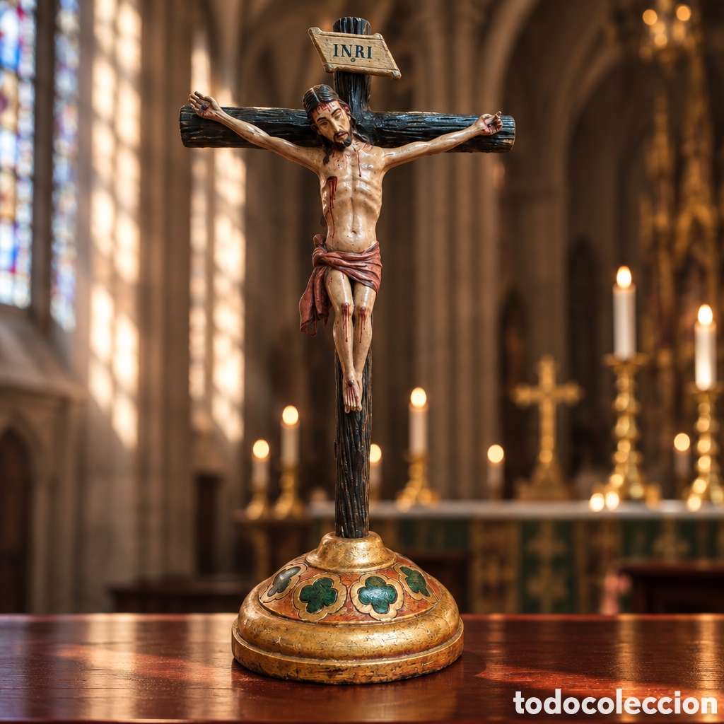 Arte: CRISTO COLONIAL EN MADERA TALLADA Y POLICROMADA SIGLO XVIII, PEANA DE MADERA DORADA SIGLO XIX