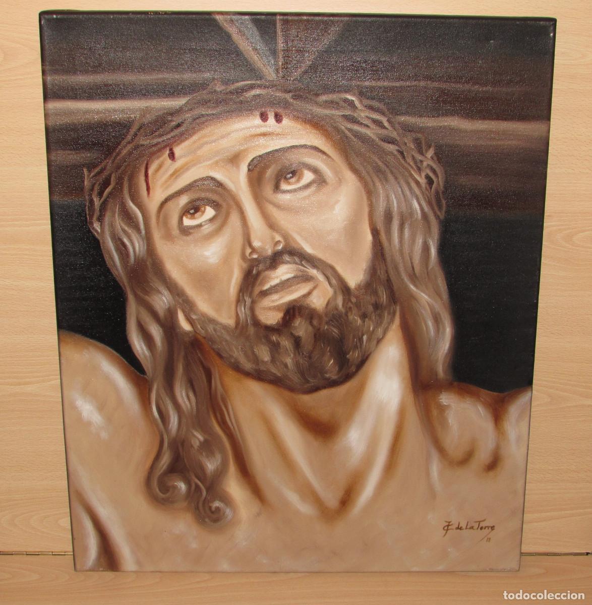 Arte: Cuadro pintura retrato rostro Sant&iacute;simo Cristo Expiraci&oacute;n M&aacute;laga firmado J.C De La Torre 61 x 49 cm