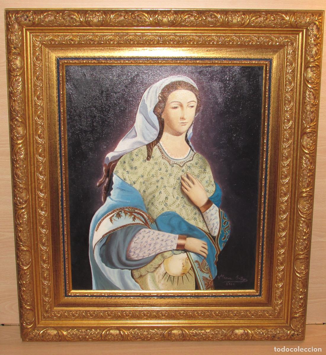 Art: Cuadro pintura Virgen Esperanza de la Dulce espera de la O firmado marco dorado 65 x 57 cm