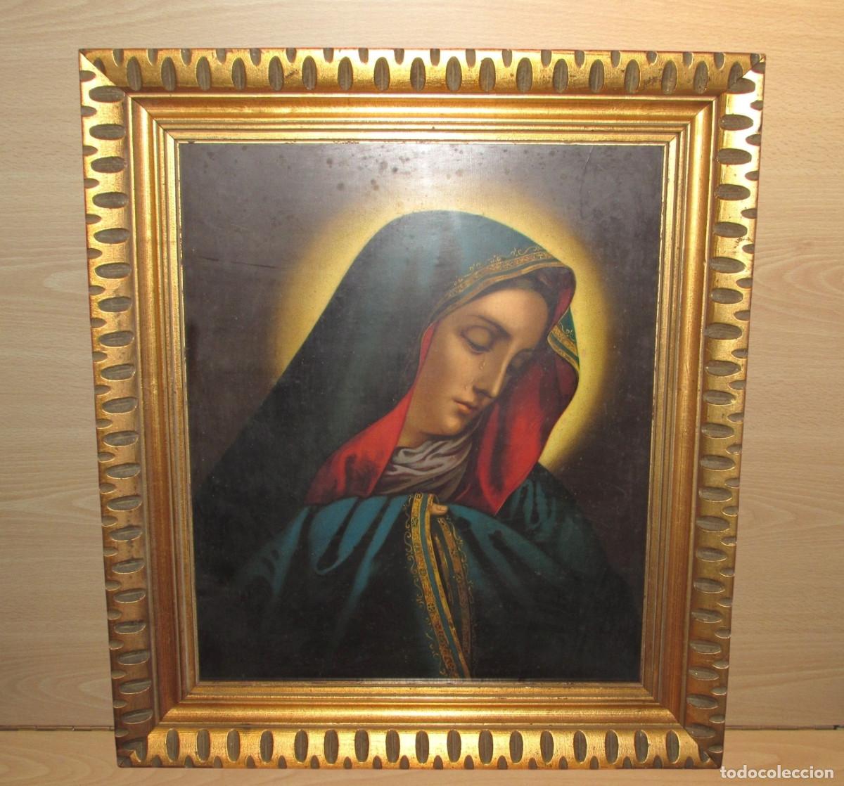 Arte: Cuadro antigua cromolitograf&iacute;a Virgen Dolorosa Dolores estilo Carlo Dolci 76 x 66 cm s. XIX-XX