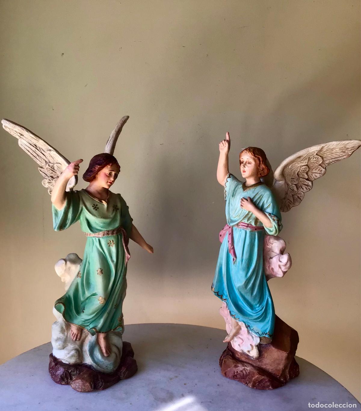 Arte: 2 ANTIGUOS ANGELES CUSTODIOS CON ALAS , PARA ALTAR - SELLO DE OLOT