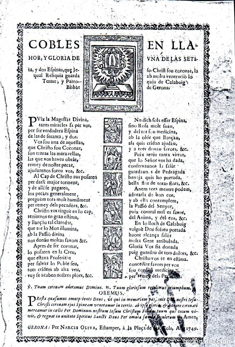 Arte: GOIGS COBLES A UNA DE LAS SETANTA Y DOS ESPINAS - CALABUIG, GERONA (FACSIMIL)