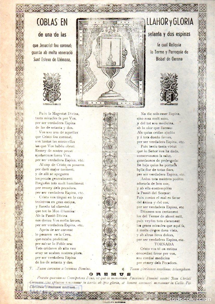 Arte: GOIGS COBLAS DE UNA DE LAS SETANTA Y DOS ESPINAS SANT ESTEVE DE LL&Eacute;MANA - GIRONA (IMP. CARRERAS)