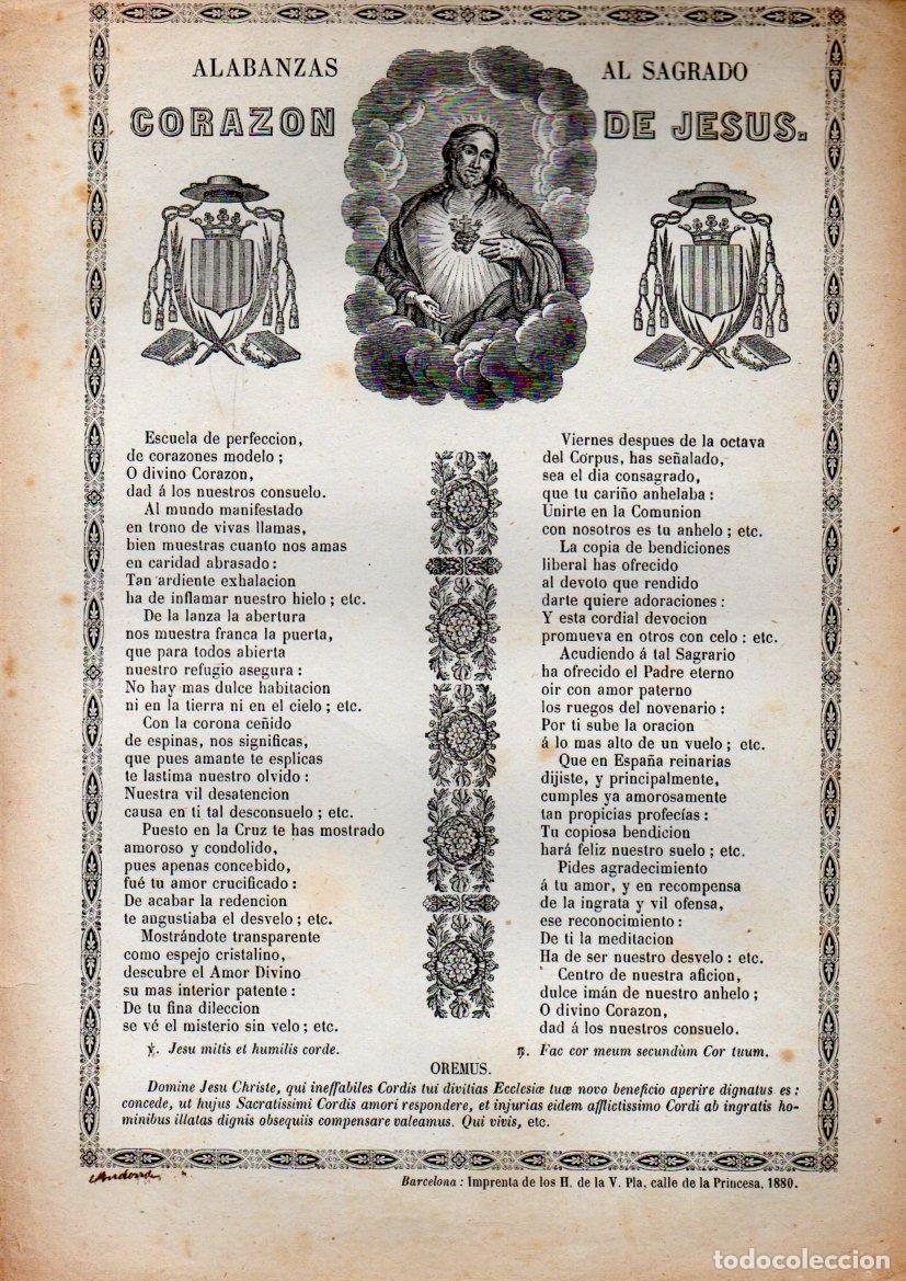 Arte: GOIGS ALABANZAS AL SAGRADO CORAZ&Oacute;N DE JESUS, IMP. VDA. PLA, 1880