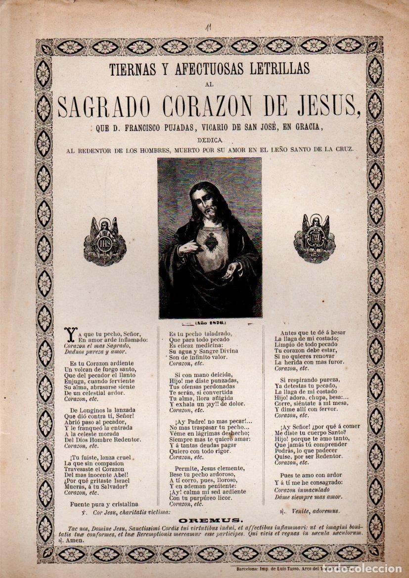 Arte: GOIGS LETRILLAS AL SAGRADO CORAZ&Oacute;N DE JES&Uacute;S - F. PUJADAS, VICARIO DE GRACIA (IMP. LUIS TASSO c.1880)