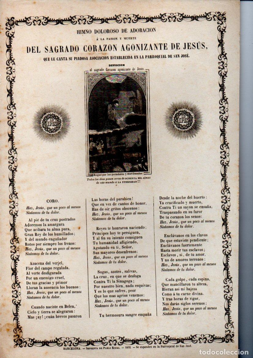 Arte: GOIGS HIMNO DEL SAGRADO CORAZ&Oacute;N AGONIZANTE DE JES&Uacute;S - PARROQUIA DE SAN JOS&Eacute; (IMP. RIERA, 1852)