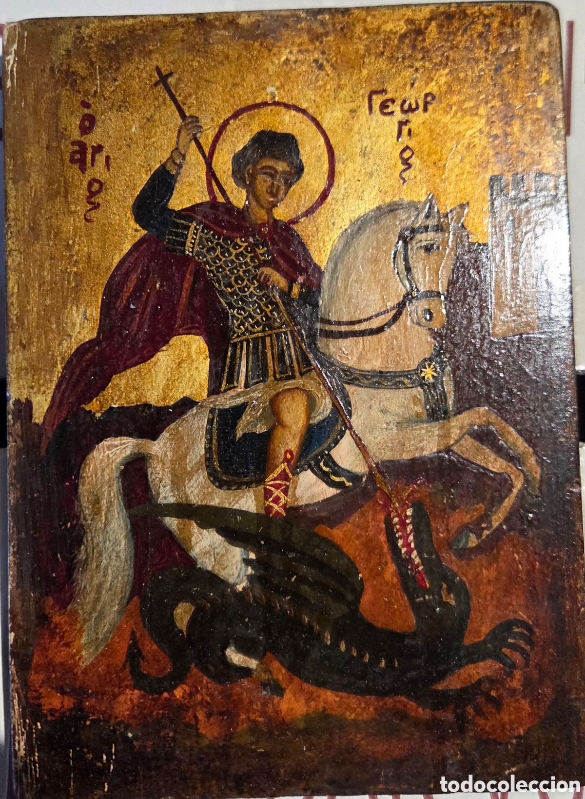 Arte: Icono religioso de San Jorge y el drag&oacute;n. Estilo bizantino