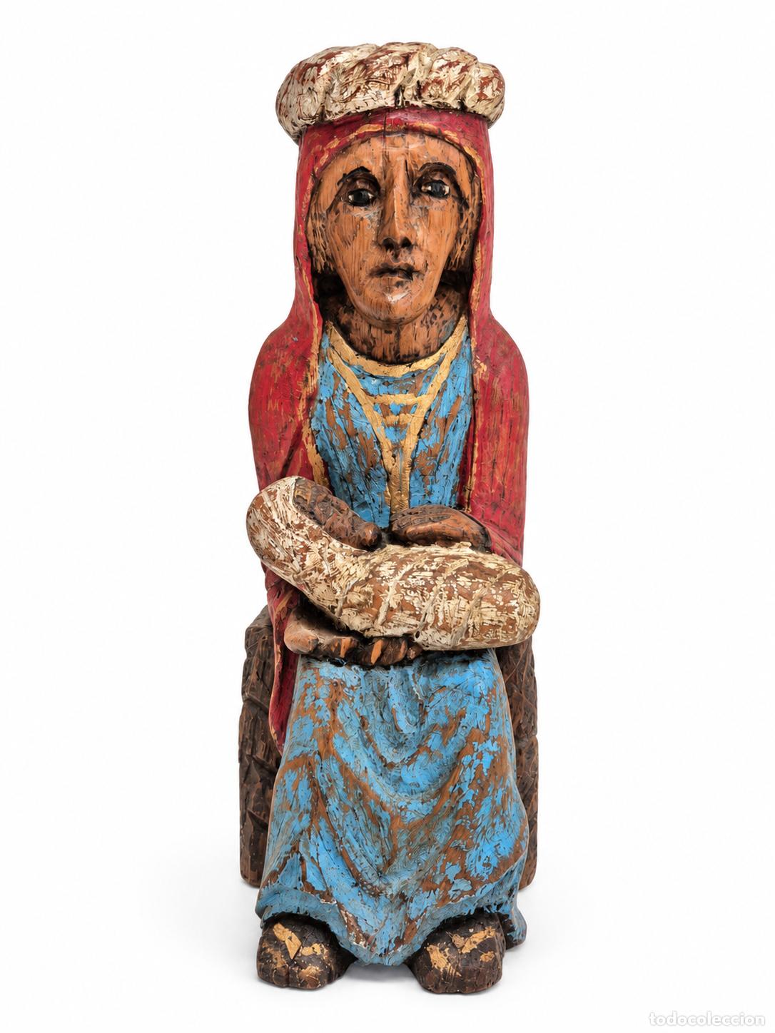 Arte: Virgen con Ni&ntilde;o, Estilo Rom&aacute;nico - Talla en Madera de Roble Policromada - Firma J. Cargol