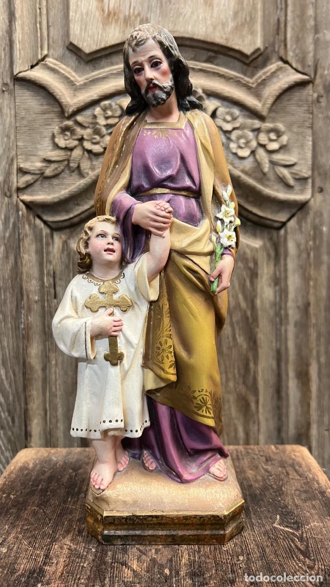 Arte: Figura religiosa arte cristiano Olot ojos vidrio San Jos&eacute; ni&ntilde;o Jes&uacute;s 32cms ppio s XX