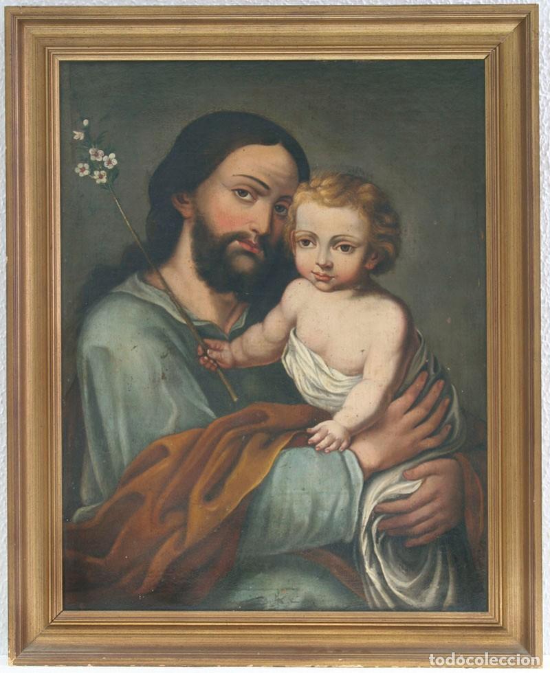 Arte: Escuela Espa&ntilde;ola. Siglo XVII-XVIII. San Jos&eacute; con el Ni&ntilde;o Jes&uacute;s. &Oacute;leo sobre lienzo. RESERVADO