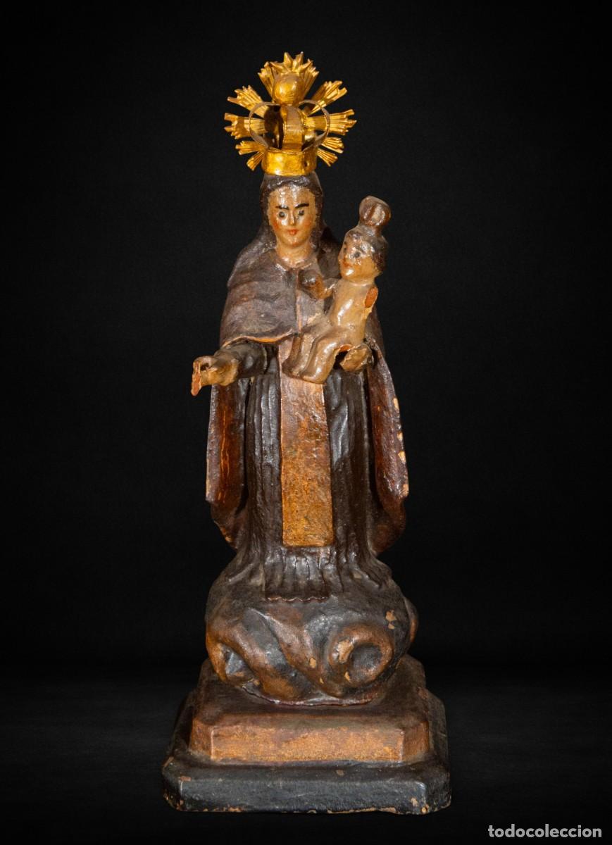 Art: Virgen del Carmen con Ni&ntilde;o, talla antigua en madera policromada con coronas doradas, s.XIX