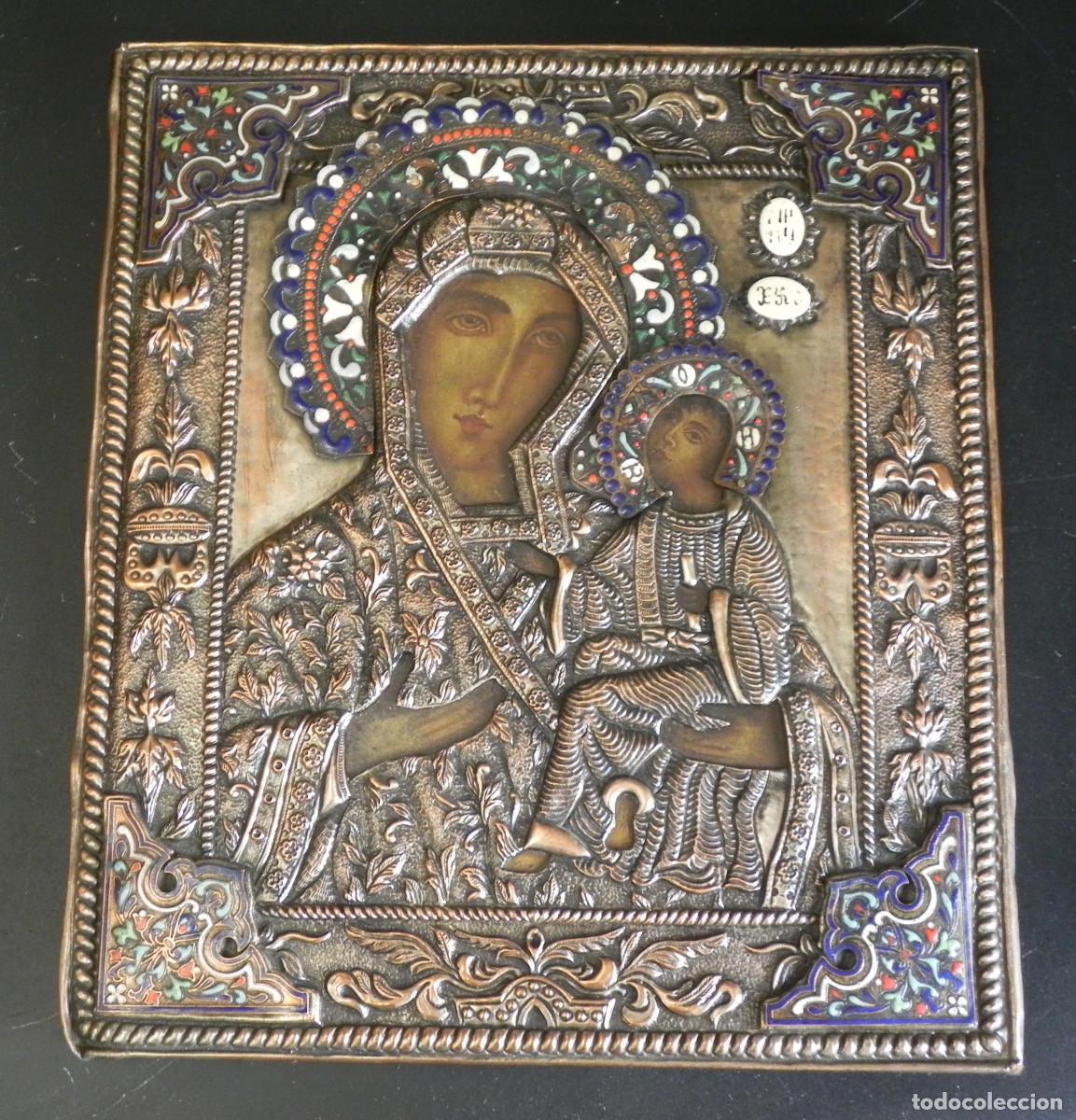 Arte: ** ANTIGUO ICONO RUSO DE VIRGEN CON NI&Ntilde;O, CON ESMALTES **