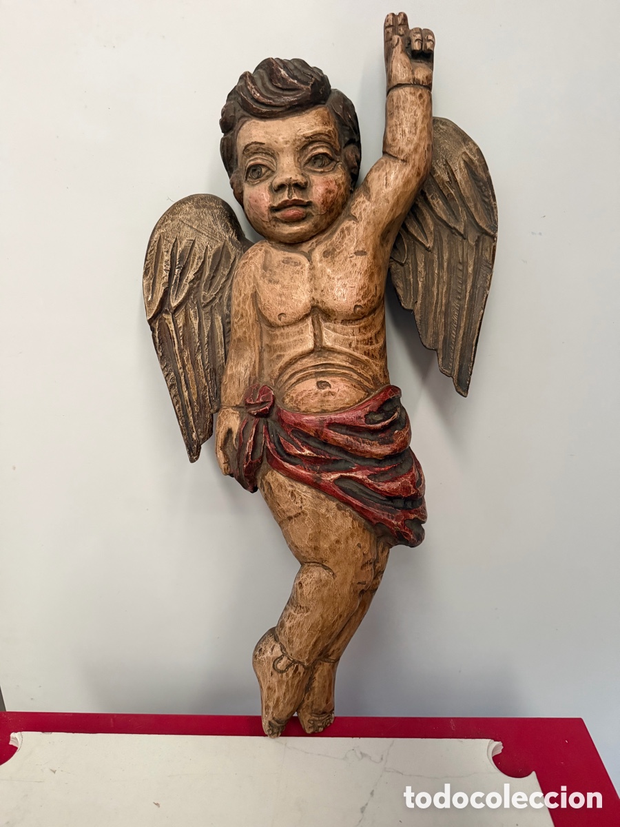 Arte: &Aacute;ngel Querub&iacute;n Antiguo de Madera Policromada