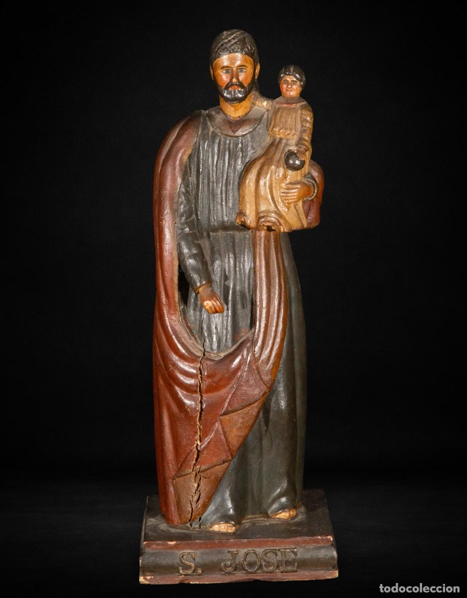Art: San Jos&eacute; con el Ni&ntilde;o, talla devocional en madera policromada, Espa&ntilde;a, S.XIX &ndash; 42 cm