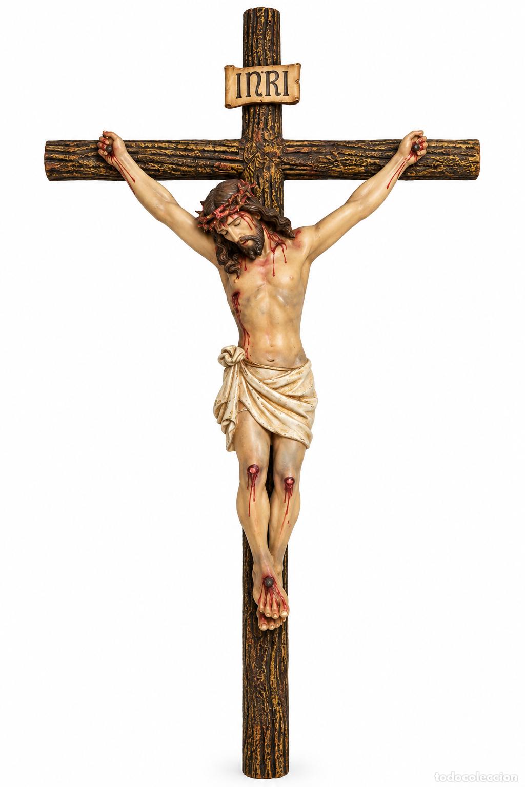 Arte: Cristo, Crucifijo - Talleres de Olot - Estuco Policromado - Cruz de Madera