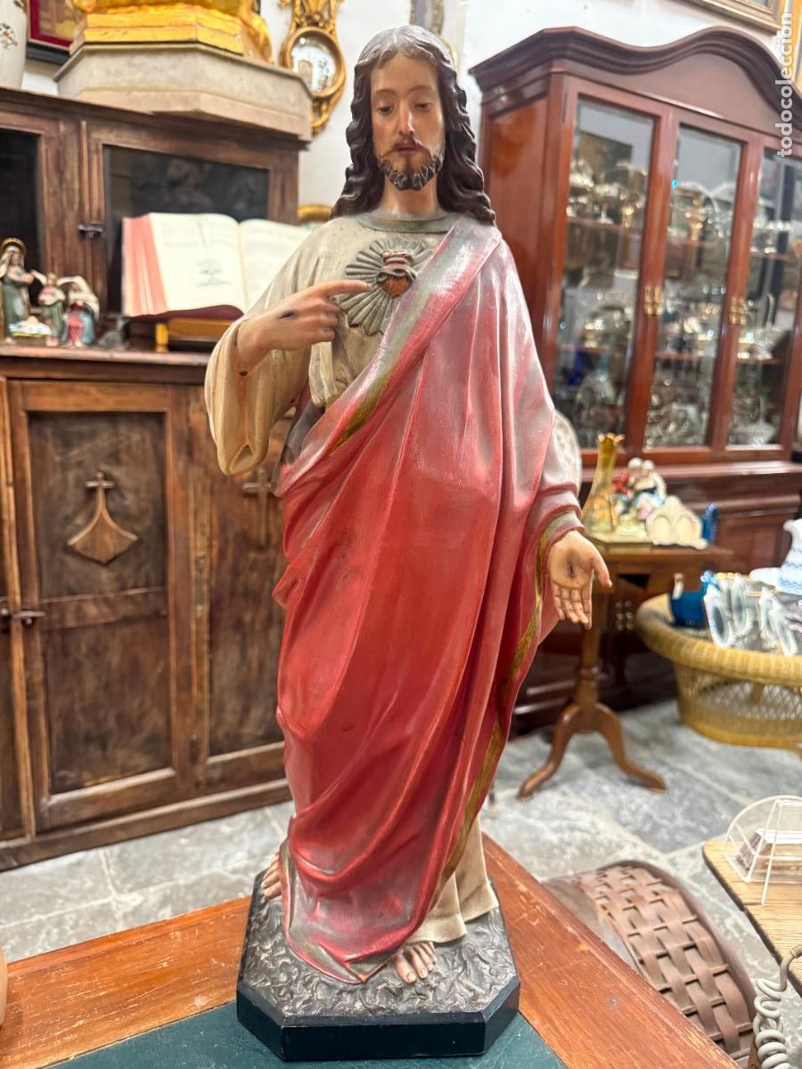 Arte: ANTIGUO SAGRADO CORAZON DE JESUS DE OLOT CON OJOS DE CRISTAL - MEDIDA 63 CM - RELIGIOSO