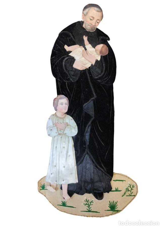 Arte: ANTIGUA IMAGEN DE SAN VICENTE DE PA&Uacute;L. CART&Oacute;N Y TERCIOPELO NEGRO. FRANCIA. SIGLO XIX.