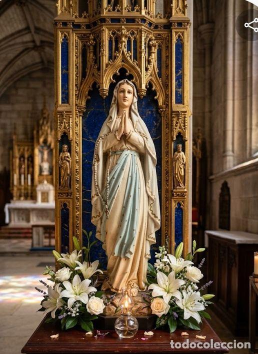 Arte: gran virgen de olot lourdes estuco antigua original sello las artes religiosas 43 cm con peana