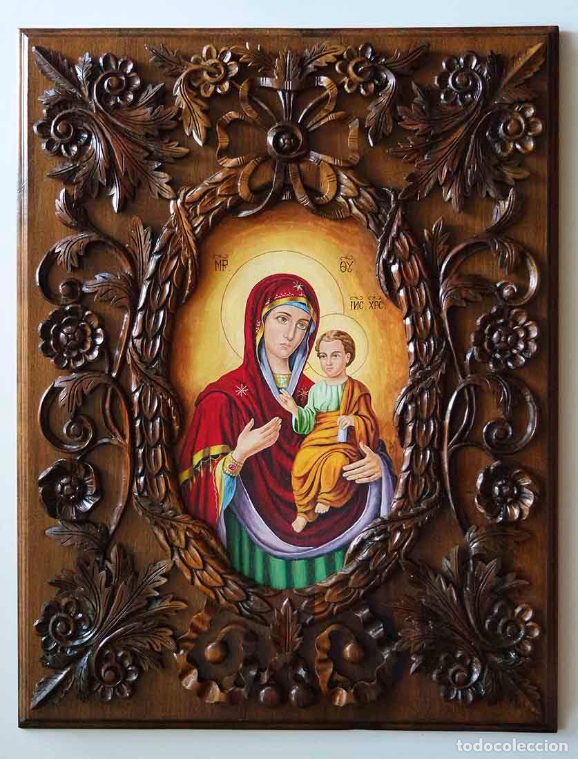 Arte: Icono ortodoxo Virgen Mar&iacute;a con el Ni&ntilde;o &ndash; obra original &uacute;nica de autor &ndash; nogal tallado a mano