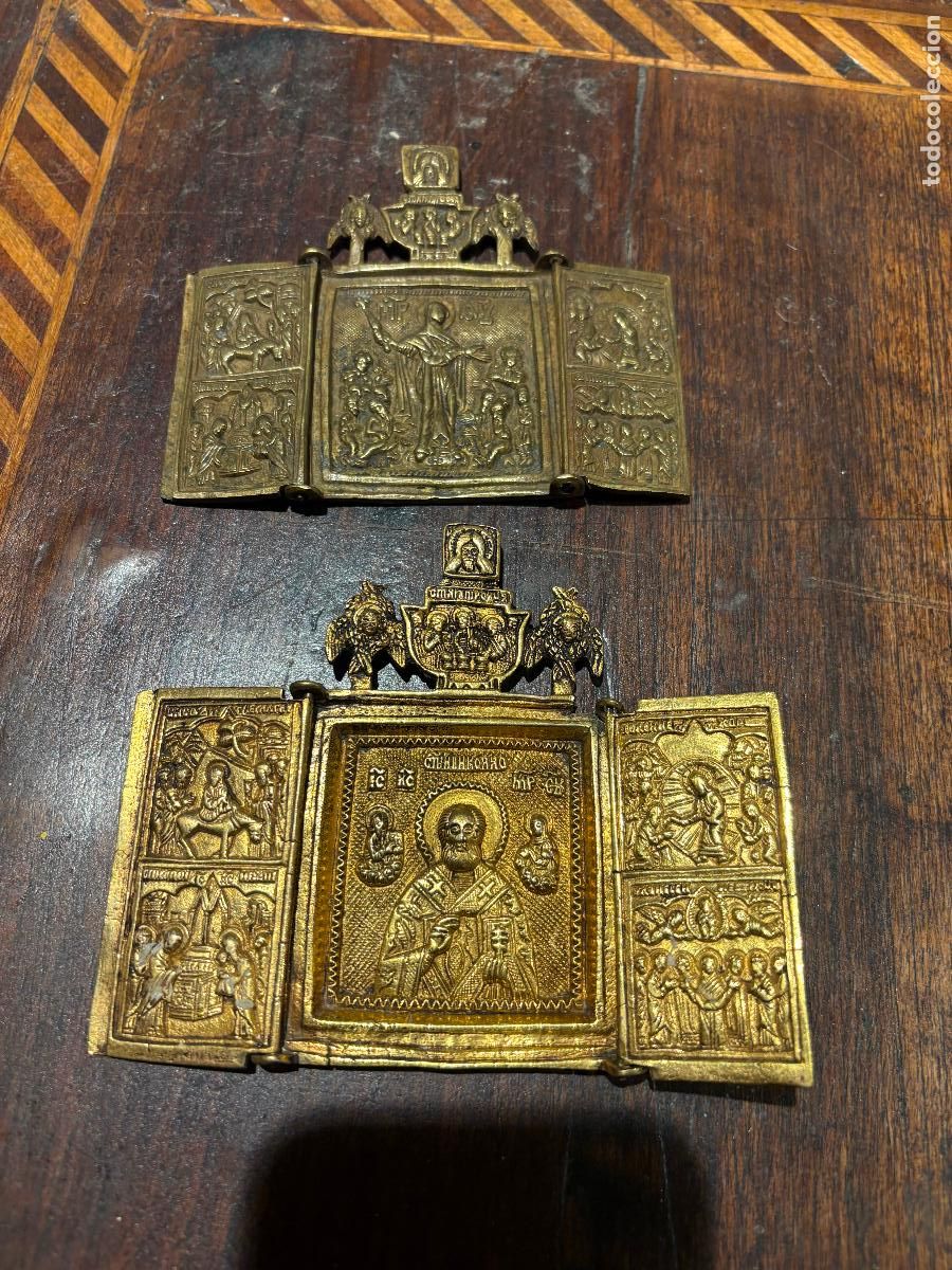 Arte: 2 Preciosos icono de viaje ruso tr&iacute;ptico bizantino ortodoxo en bronce antiguos