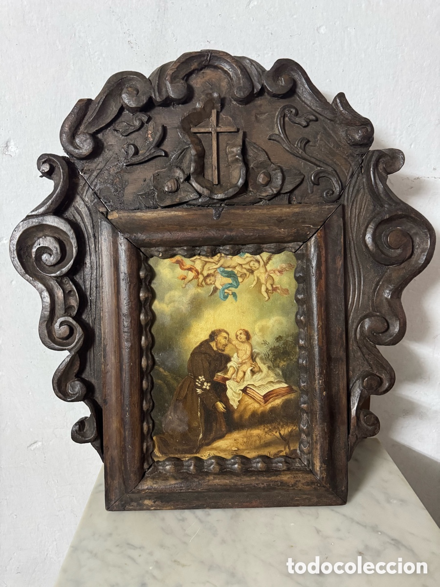 Arte: Antiguo cuadro altar de San Antonio con el Ni&ntilde;o &ndash; Madera maciza tallada &ndash; Estilo Barroco