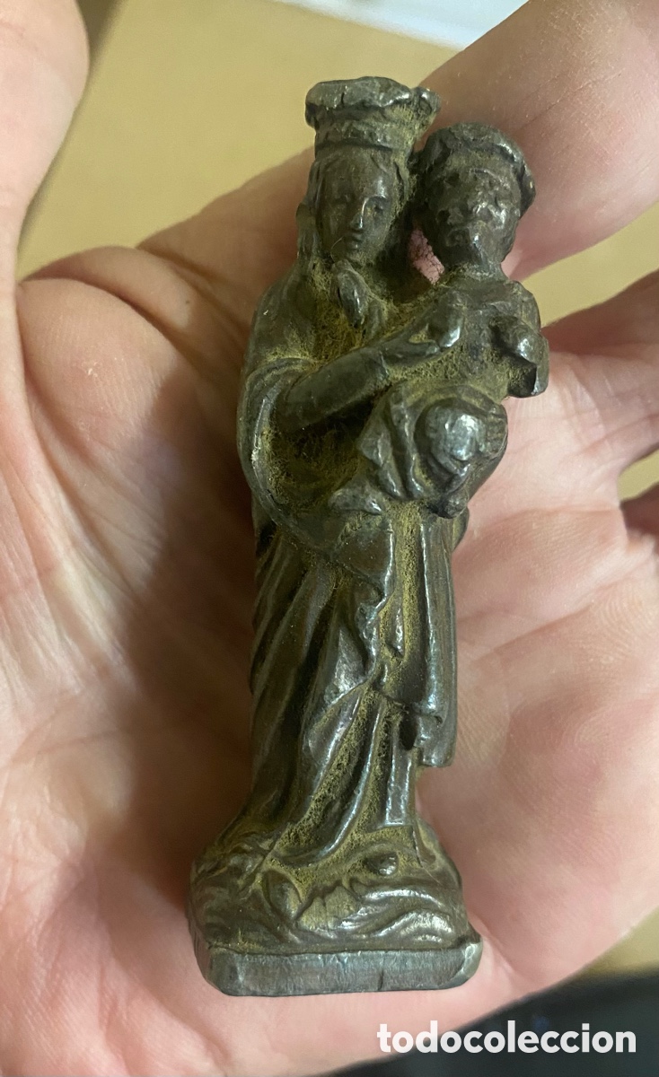 Arte: Virgen con Ni&ntilde;o coronados y portando el orbe figura religiosa ANIEL PARIS Metal siglo XIX - XX