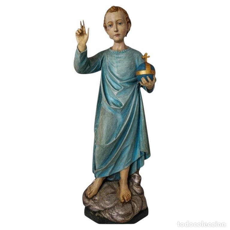 Arte: Ni&ntilde;o Jes&uacute;s de madera tallada con orbe cruc&iacute;fero, Alemania