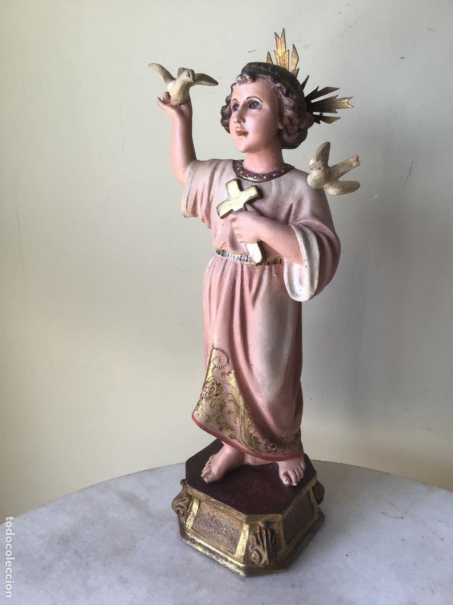 Arte: ANTIGUA IMAGEN SELLO DE OLOT , NI&Ntilde;O JESUS CON PALOMAS -ESPIRITU SANTO . OJOS VIDRIO