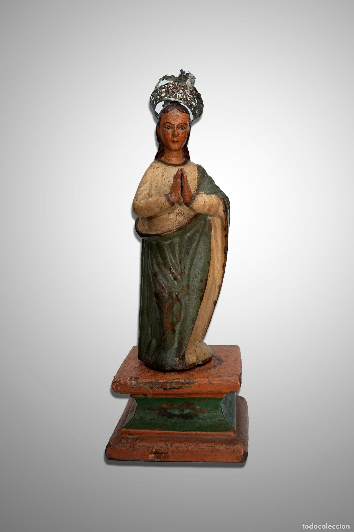Arte: Antigua Imagen Devocional de la Inmaculada Concepci&oacute;n en Madera Tallada y Policromada con Corona