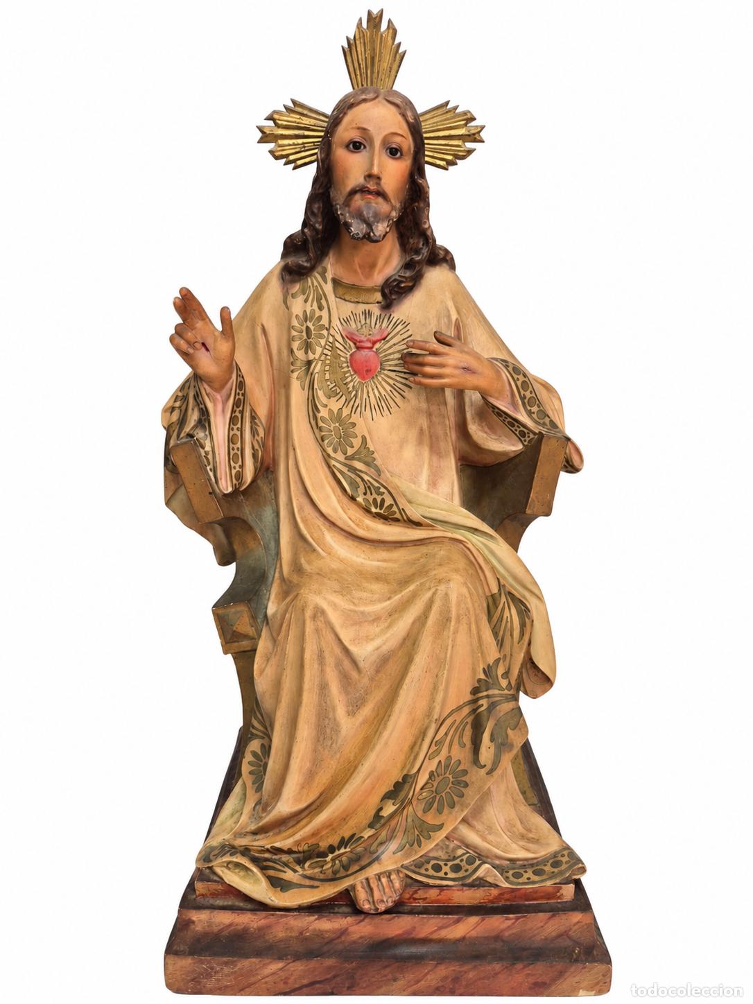 Arte: Precioso Sagrado Coraz&oacute;n de Jes&uacute;s Entronizado - Estuco Policromado - Talleres de Olot