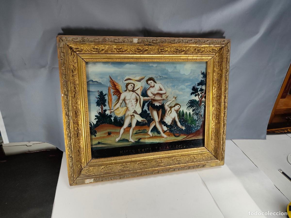 Arte: pintura bajo vidrio que representa la escena biblica la expulsion de adan y eva del paraiso