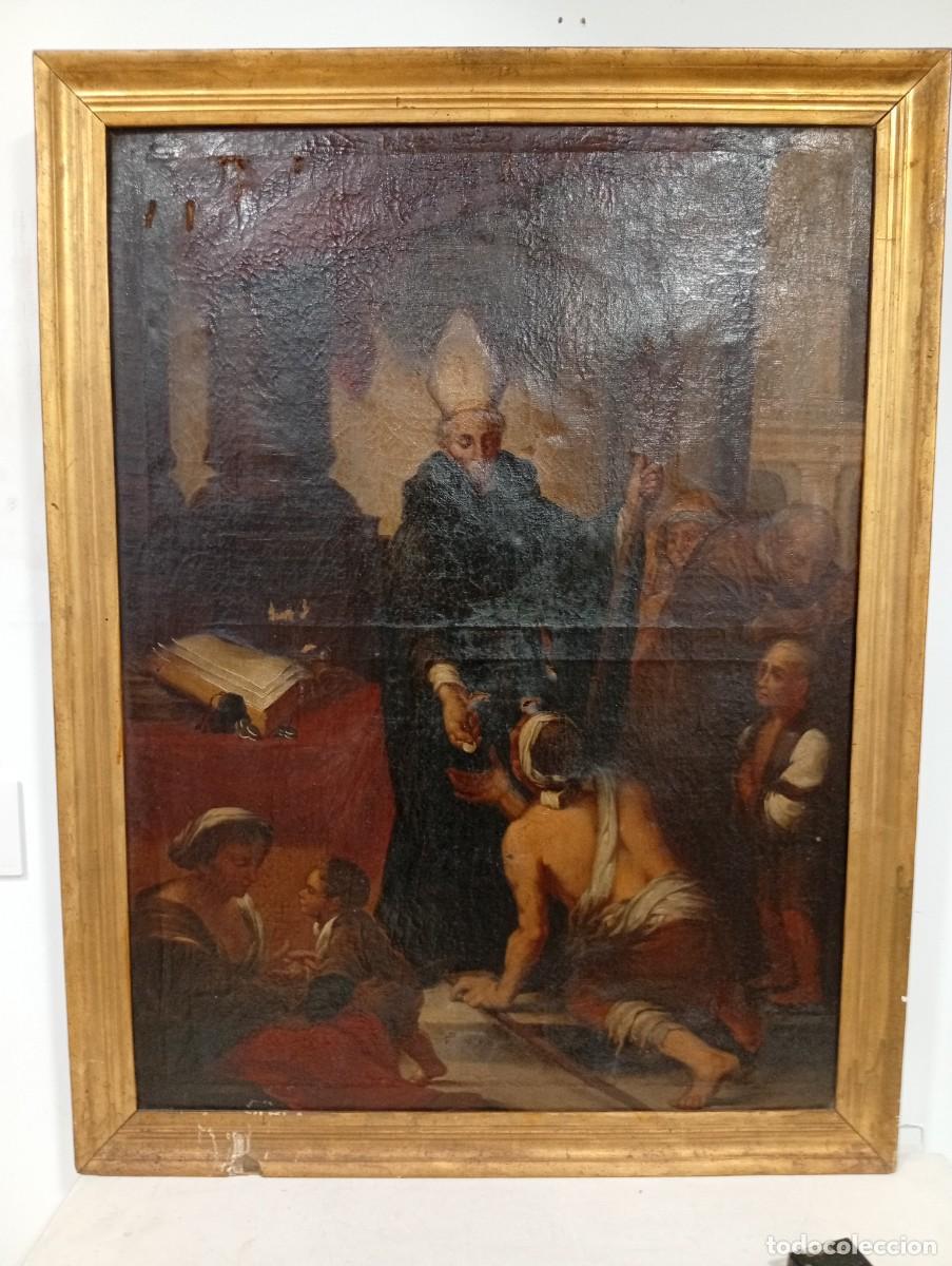 Arte: Santo Tom&aacute;s dando limosna a los pobres copia de Murillo. Siglo XIX. 83 x 62 cm
