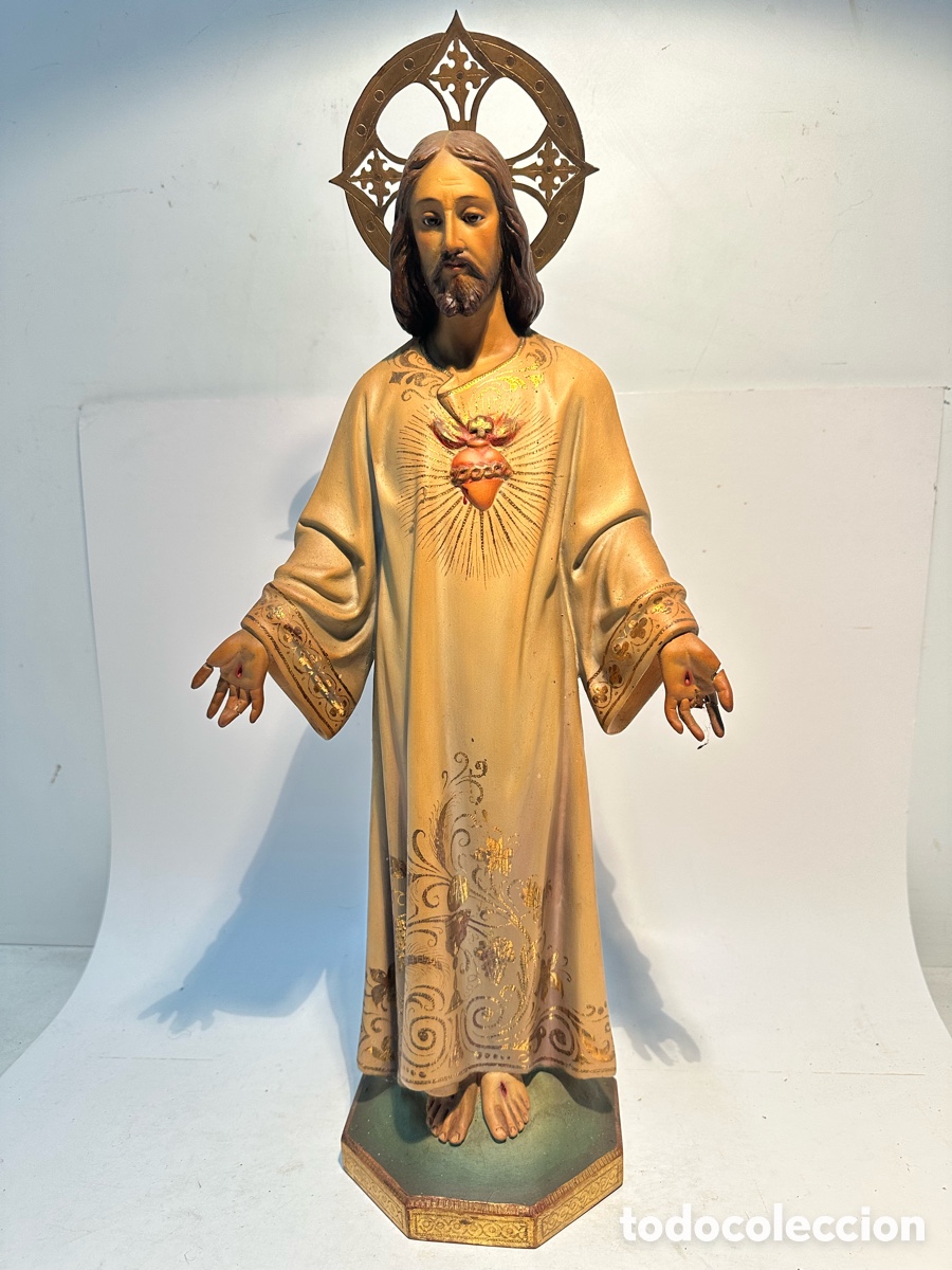 Arte: SAGRADO CORAZON DE JESUS ESTUCO Y OJOS DE CRISTAL , SELLO EL ARTE CATOLICO CASA BOCHACA OLOT. 55CM.