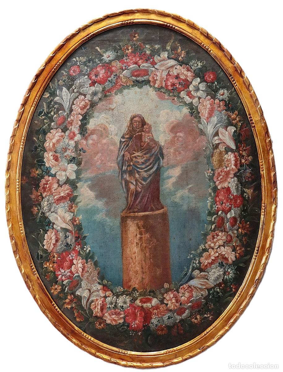 Arte: La Virgen del Pilar en una orla de flores. Siglos XVII-XVIII. Mide 105 x 66 cm.